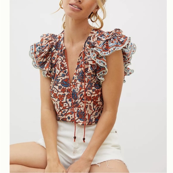 NWT Love The Label Anthropologie Ruffle Floral Print V-Neck Top Mabel Rust - Picture 2 of 12